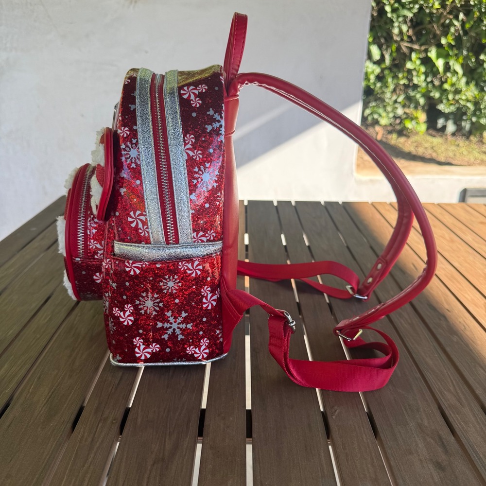 Disney Parks Loungefly Red Glitter Peppermint Mickey Mouse Holiday Mini Backpack - Picture 4 of 11